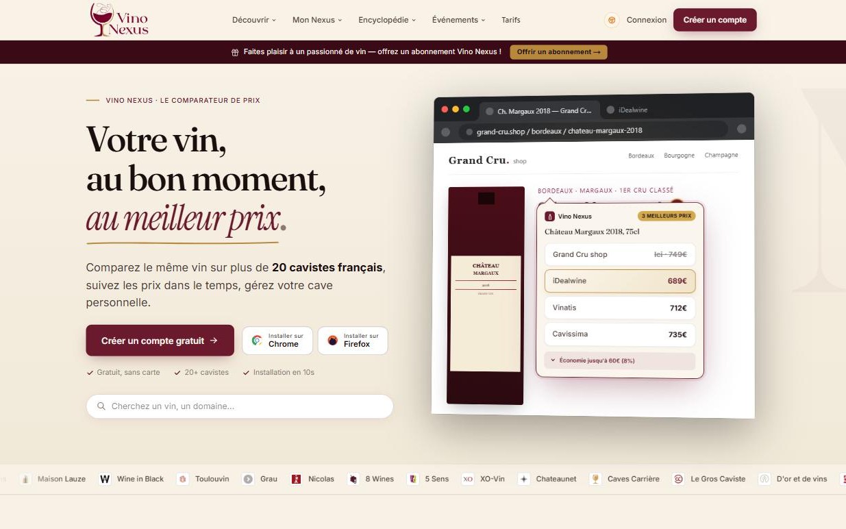 vino-nexus.com home page, comparing a bottle’s price across retailers
